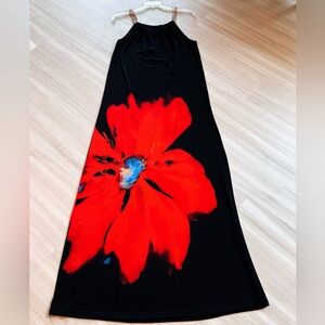 NINA LEONARD MAXI DRESS GOLD CHAIN STRAPS BLACK/RED GRAPHIC FLOWER SZ MEDIUM